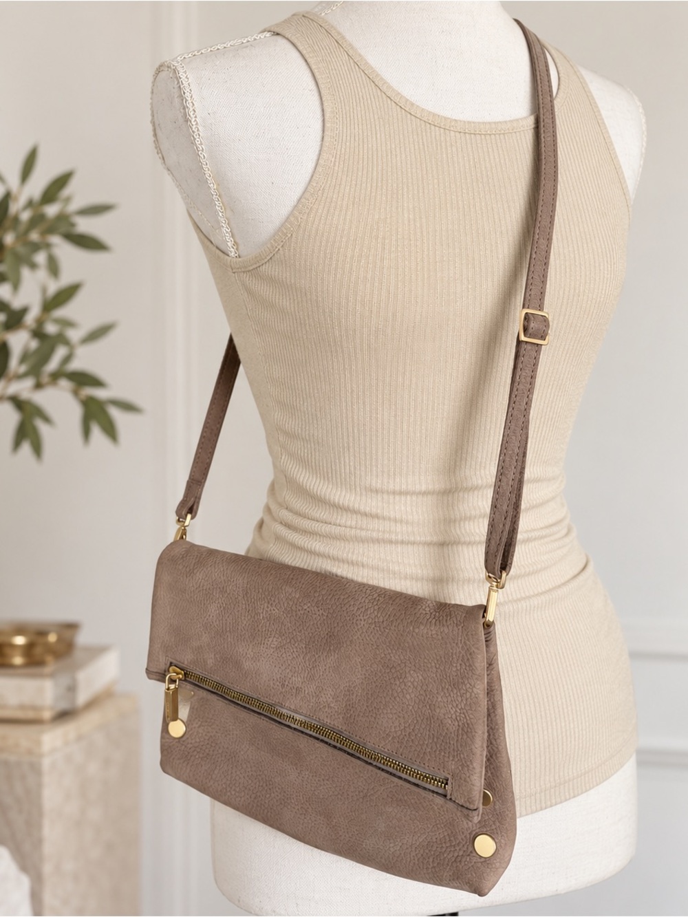 Hammitt VIP Medium Crossbody Bag - Taupe Pebbled Leather & Brushed Gold